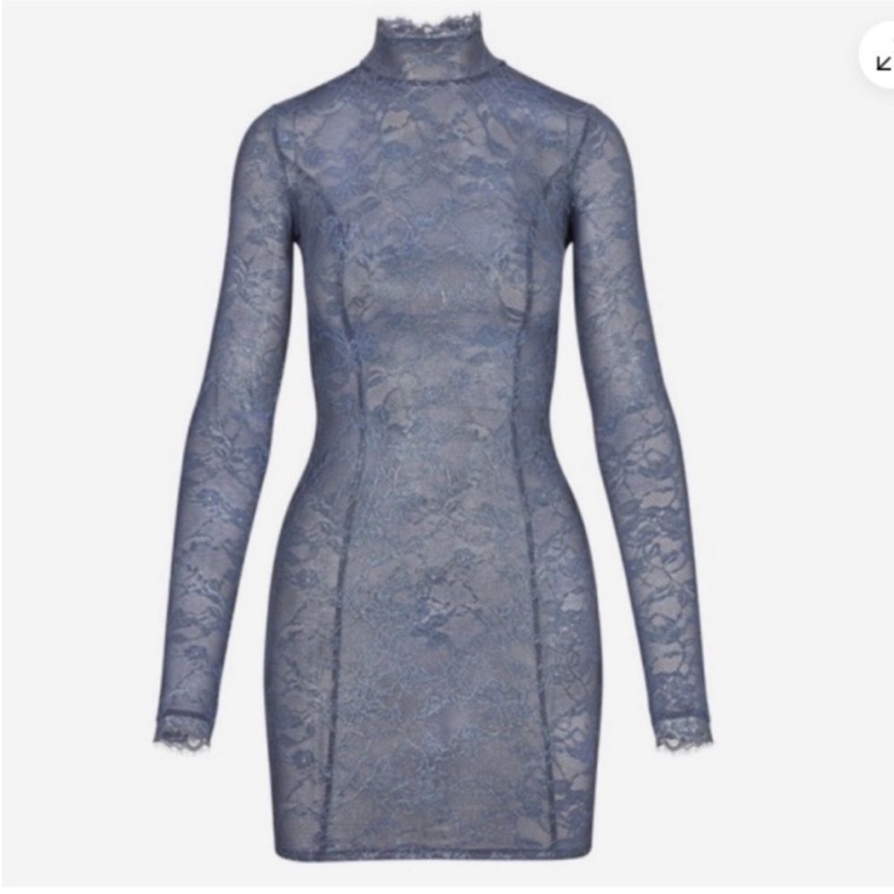 NWT SKIMS Lace Long Sleeve Dress Thunder Size XXS